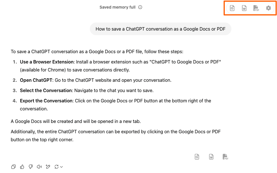 Screenshot showing the top right export buttons for the full conversation