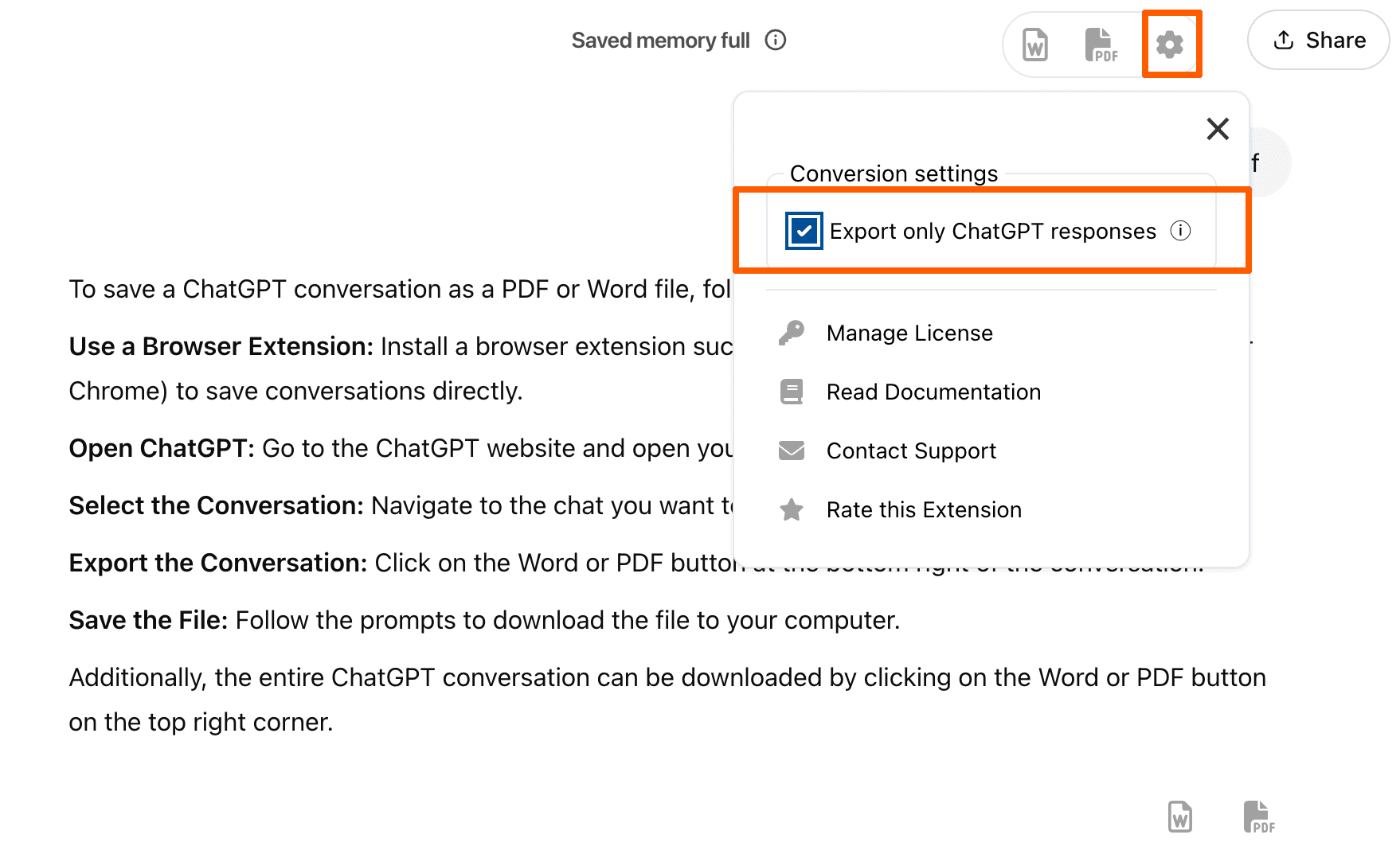 Screenshot showing the Export only ChatGPT responses checkbox in Settings
